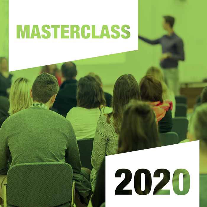 Promotional block. Image of a person teaching a class of students with the text Masterclass 2020. PRRT Masterclass 2020.