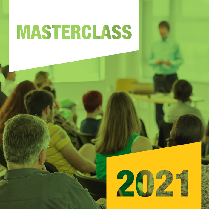 Promotional block. Photo of person teaching a class of adult students. Masterclass 2021.