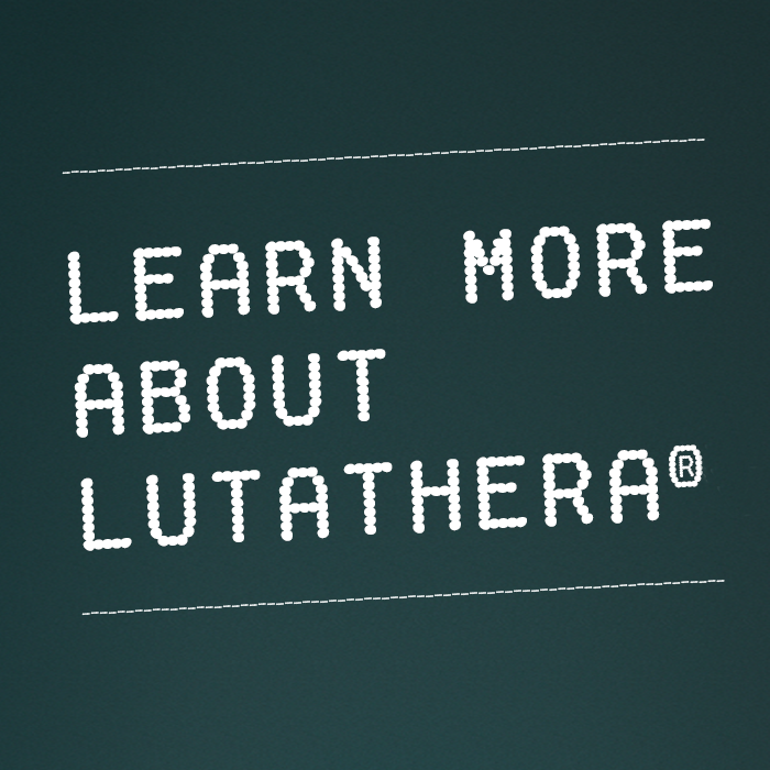 Learn more about Lutathera:  "Learn more about Lutathera" written in white on a dark green background.