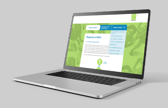 Promotional block. Image of a laptop with an e-learning module displayed on the screen. Neuroendocrine cancer e-learning. Register for the course.