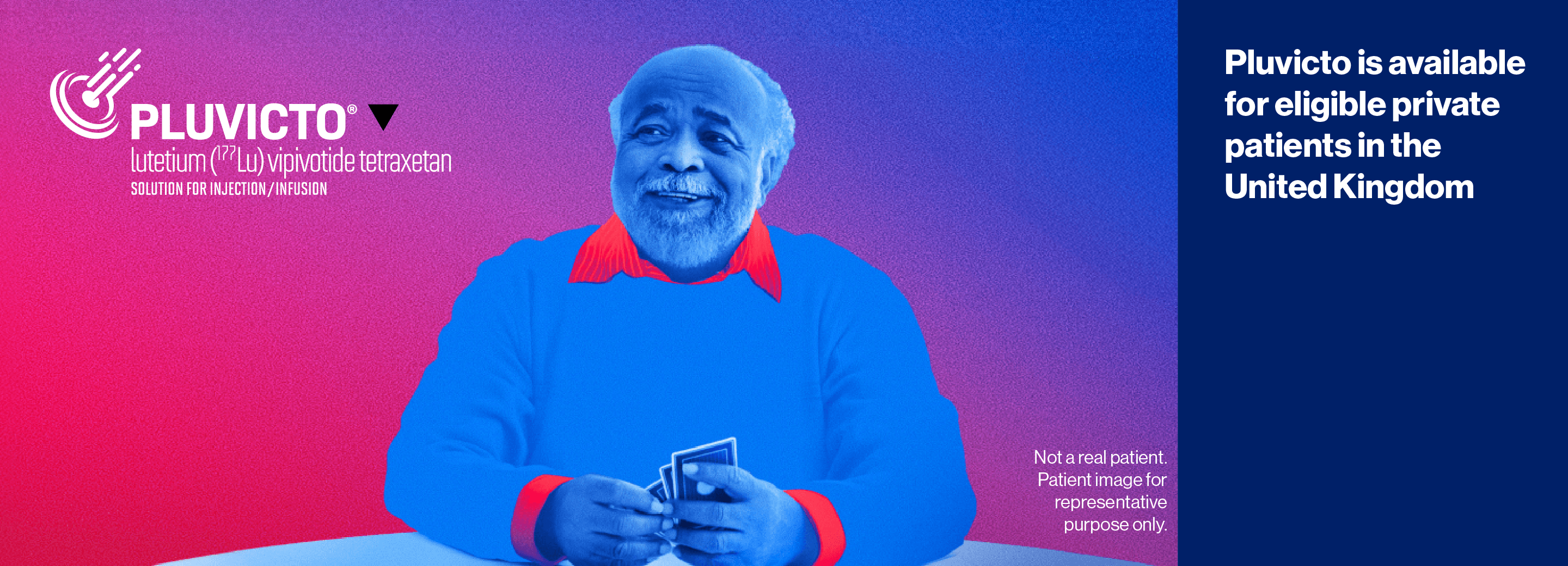 Hero banner. Pluvicto▼ (lutetium Lu 177 vipivotide tetraxetan). Image of an older man with grey hair. Text: Pluvicto is available for eligible private patients in the United Kingdom.