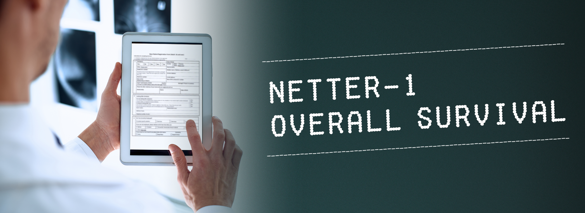 Image of male doctor reading results from an iPad: NETTER-1 overall survival.