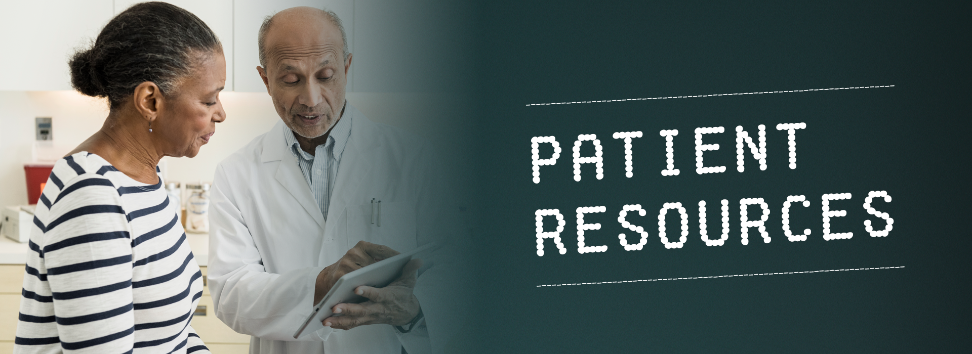 Image of a doctor showing a patient information on an ipad. Patient resources.